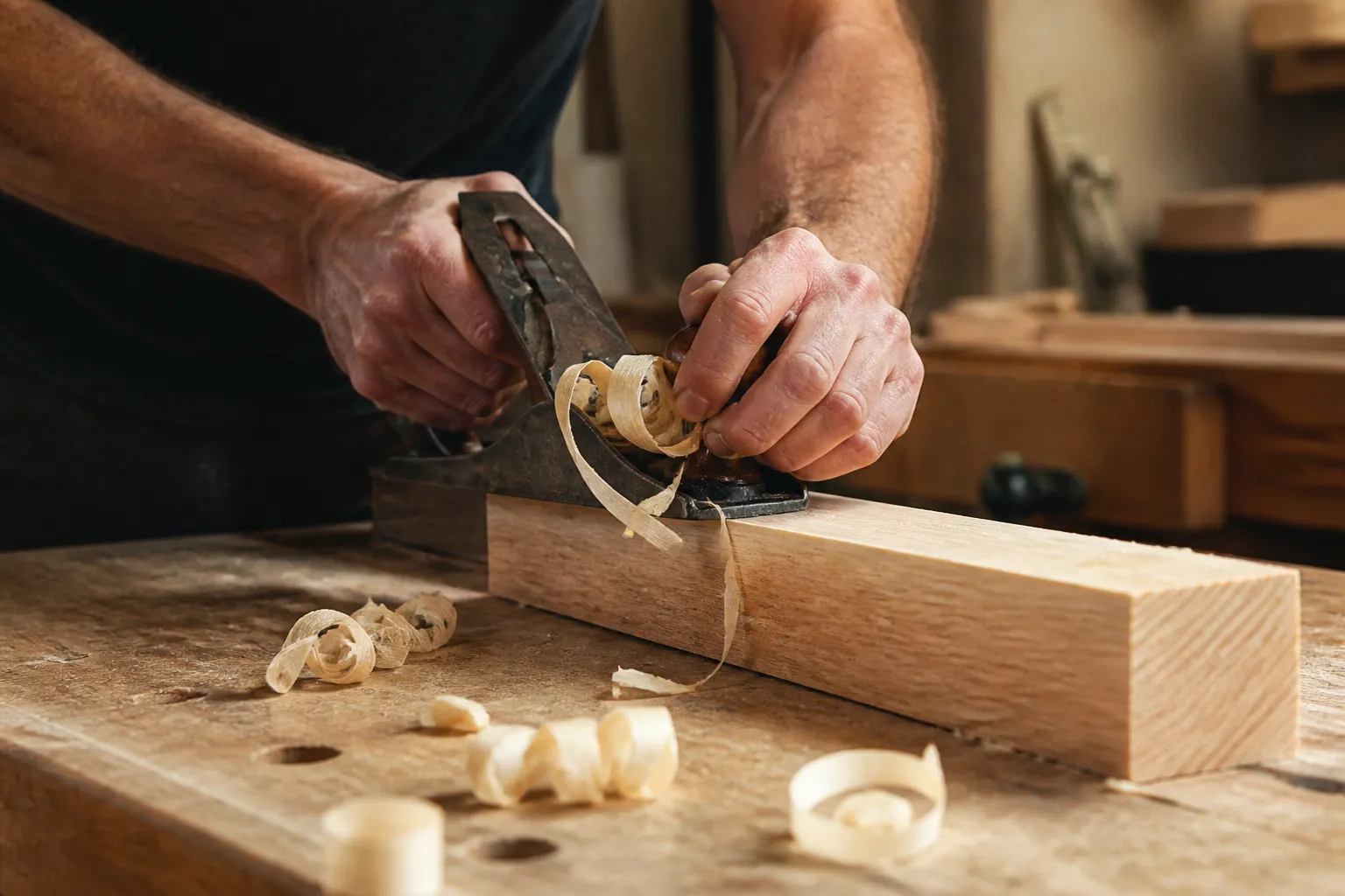 Mains d’un artisan menuisier au rabot sur un établi, copeaux de bois