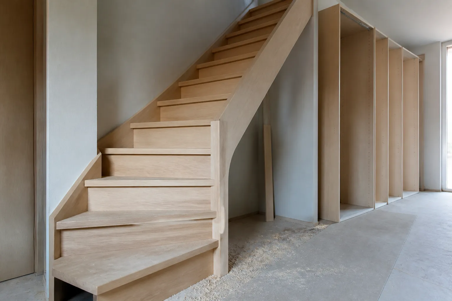 Escalier en bois massif sur mesure en cours de montage, dressing sur mesure en assemblage