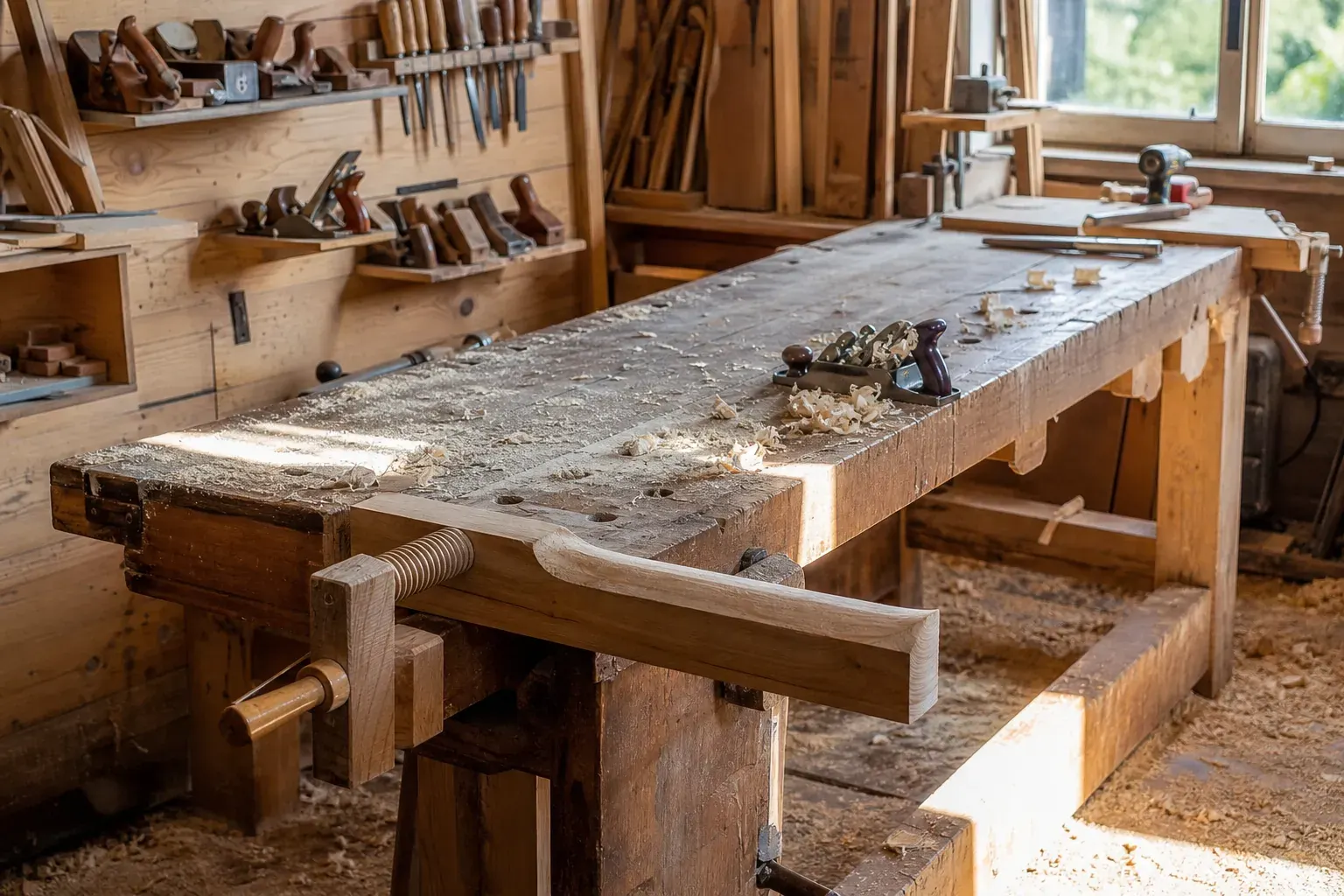 Établi de menuisier dans un atelier de bois clair, pièce de bois massif serrée dans un valet d’établi